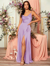1pc Draped Collar Wrap Hem Satin Cami Formal Bridesmaid Dress